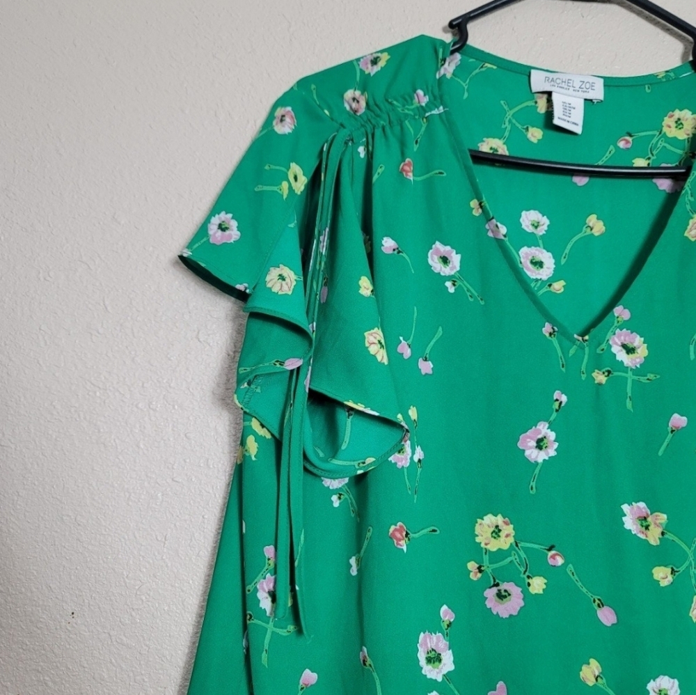 Rachel Zoe Top Womens Floral Off Shoulder Short Sleeve Smocked Blouse Green Sz M - Picture 2 of 8